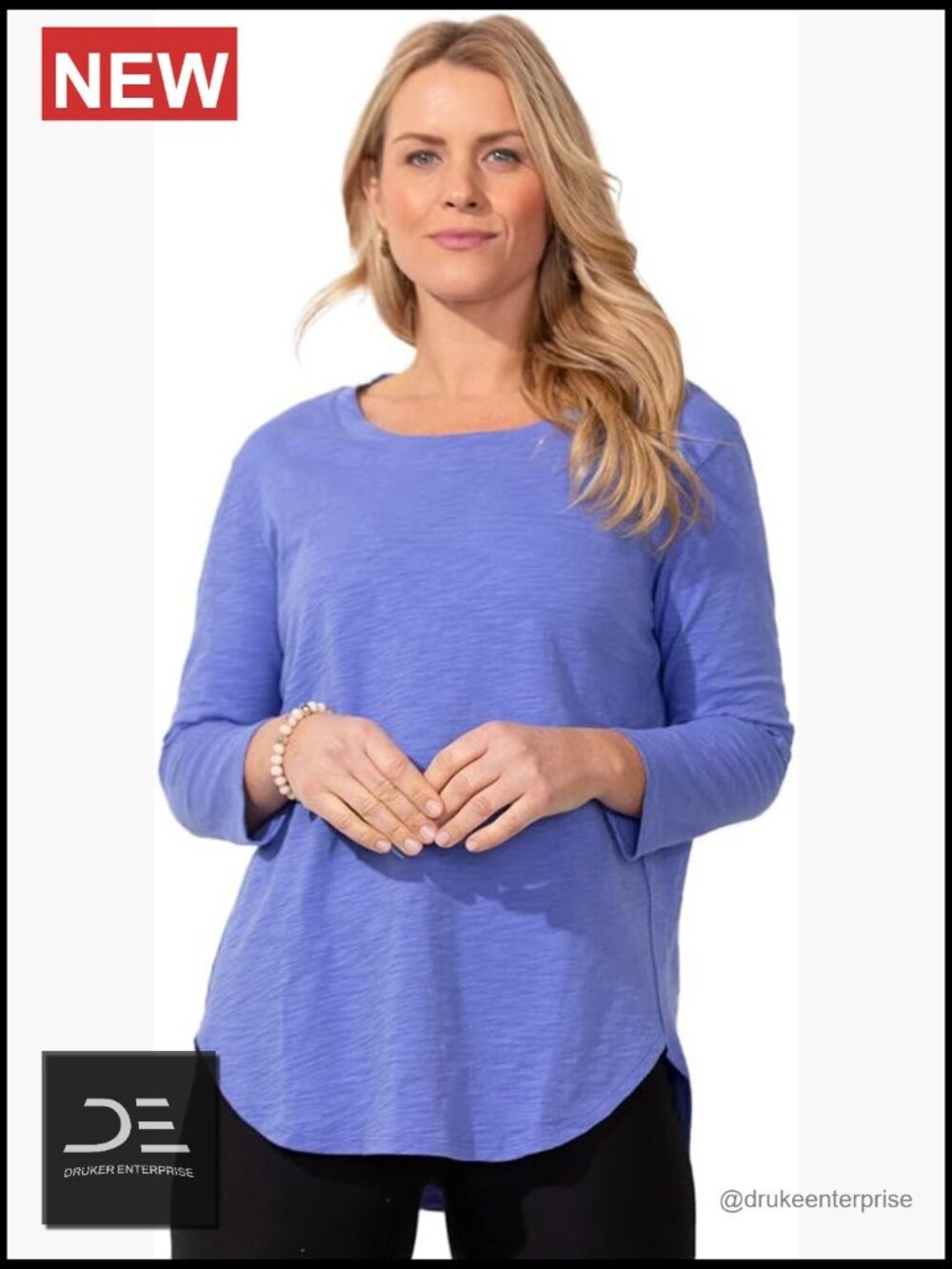 3/4 Sleeve Scoop Neck Tunic - Relaxed Fit Hi-Lo Hem